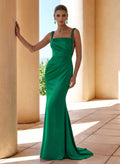 Sheath/Column Square Neckline Sleeveless Sweep Train Crepe Satin Evening Dresses With Rhinestone