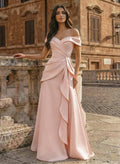 A-Line Off-The-Shoulder Sleeveless Floor-Length Matte Satin Evening Dresses With Pleated