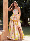 A-Line Strapless Sleeveless Floor-Length Satin Evening Dresses With Floral-Print/Split Front/Bow(s)
