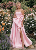 A-Line Strapless Sleeveless Floor-Length Satin Evening Dresses With Split Front/Bow(s)