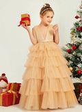 Ball-Gown Plunge Neck Sleeveless Floor-Length Tulle Flower Girl Dresses With Sash/Tiered