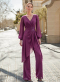 Jumpsuit/Pantsuit V-Neck Long Sleeves Floor-Length Chiffon Mother Of The Bride Dresses With Appliques Lace