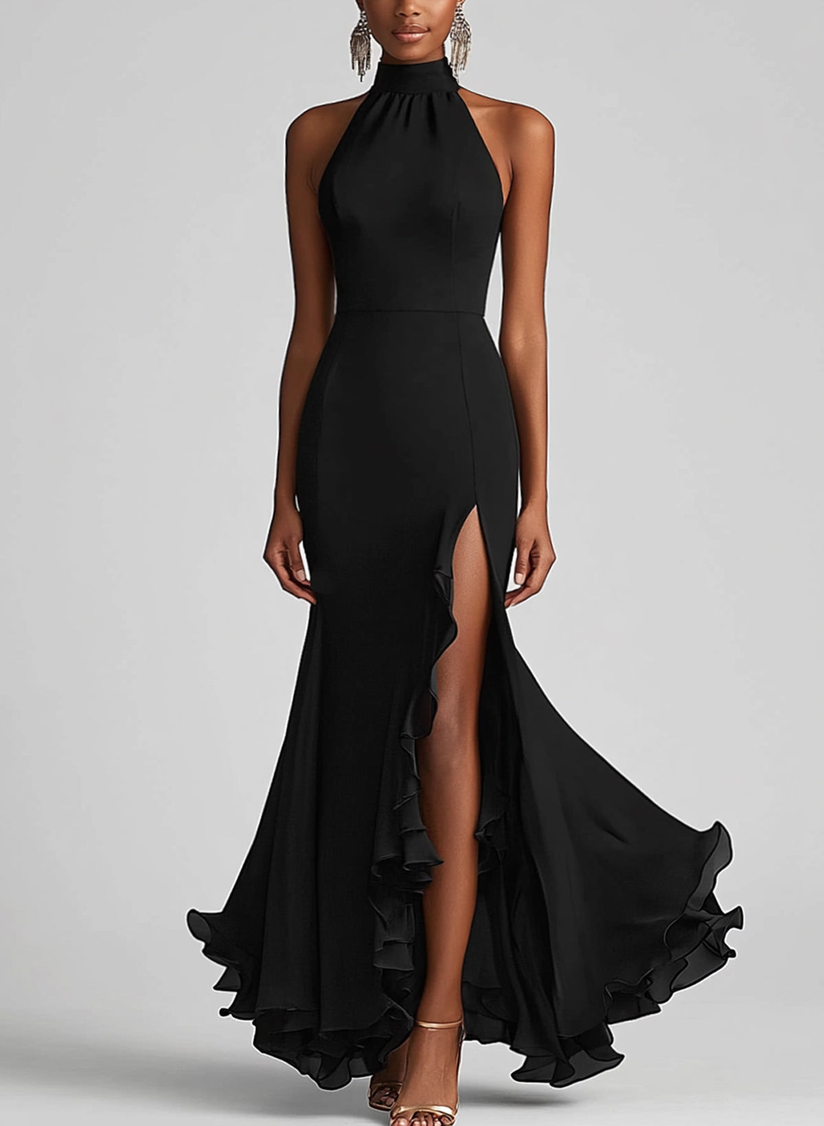Sheath/Column Halter Sleeveless Asymmetrical Stretch Satin Evening Dresses With Ruffle