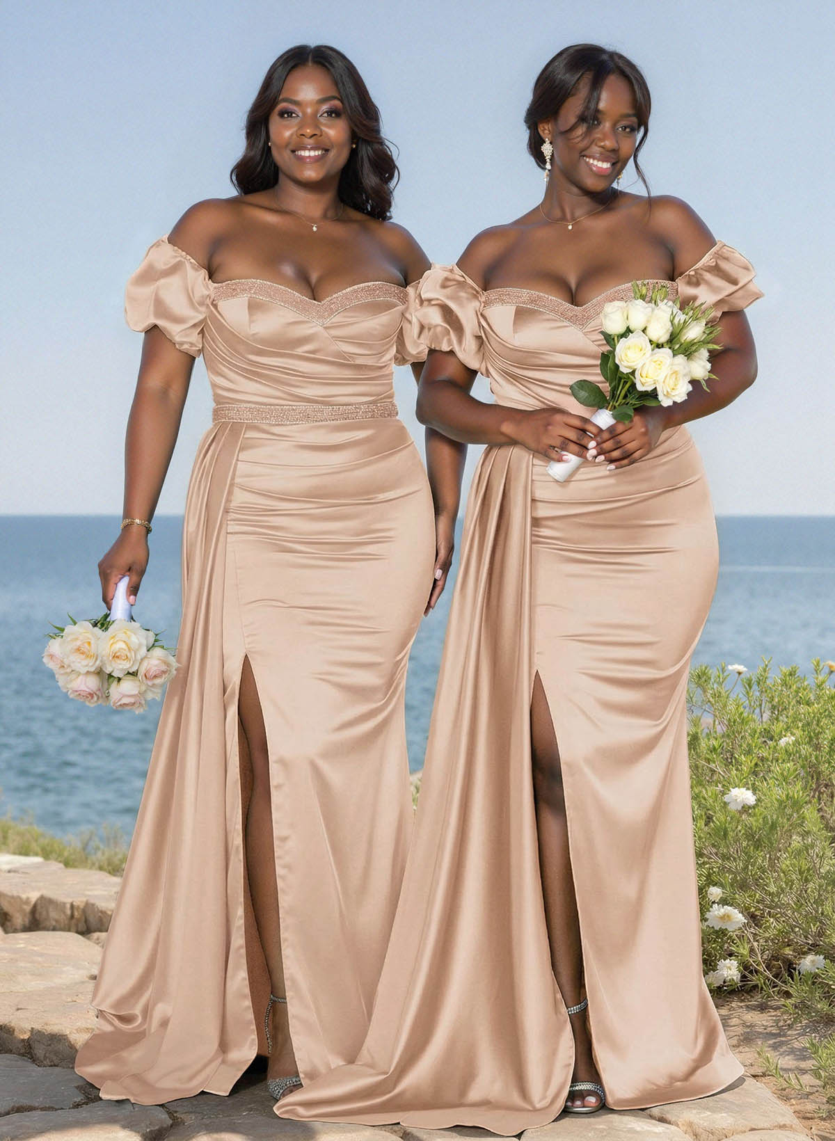 Puffy Off-Shoulder Stretch Satin Bridesmaid Dresses With Sweeping Side Drape