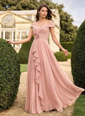 A-Line Off-The-Shoulder Sleeveless Floor-Length Chiffon Evening Dresses With Flower(s)