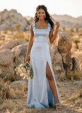 Trumpet/Mermaid Square Neckline Sleeveless Floor-Length Charmeuse Bridesmaid Dresses With Bow(s)/High Split