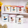 Taza personalizada de esmalte con nombre de niña de ballet de dibujos animados de 12 oz con borde multicolor Regalo de Navidad de cumpleaños para niñas