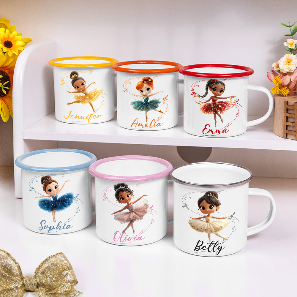 Taza personalizada de esmalte con nombre de niña de ballet de dibujos animados de 12 oz con borde multicolor Regalo de Navidad de cumpleaños para niñas