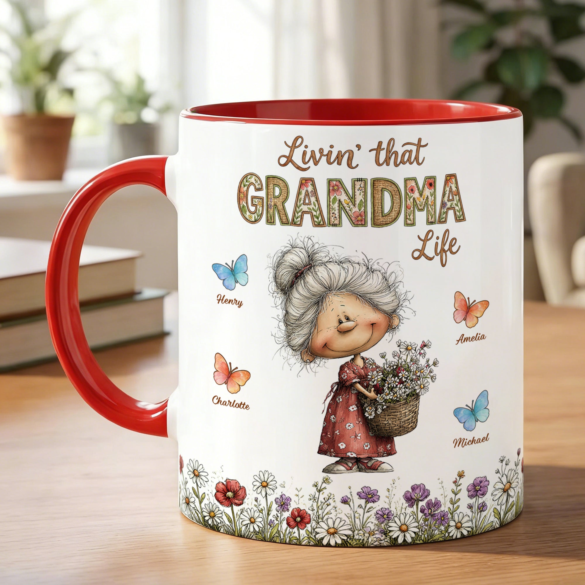 Personalizado lindo dibujo animado abuela mariposa 11 oz 15 oz taza de café de cerámica con nombres Día de la Madre regalo de cumpleaños para la abuela
