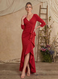 Trumpet/Mermaid V-Neck 3/4 Sleeves Floor-Length Elastic Satin Mother Of The Bride Dresses With Ruffle/High Split