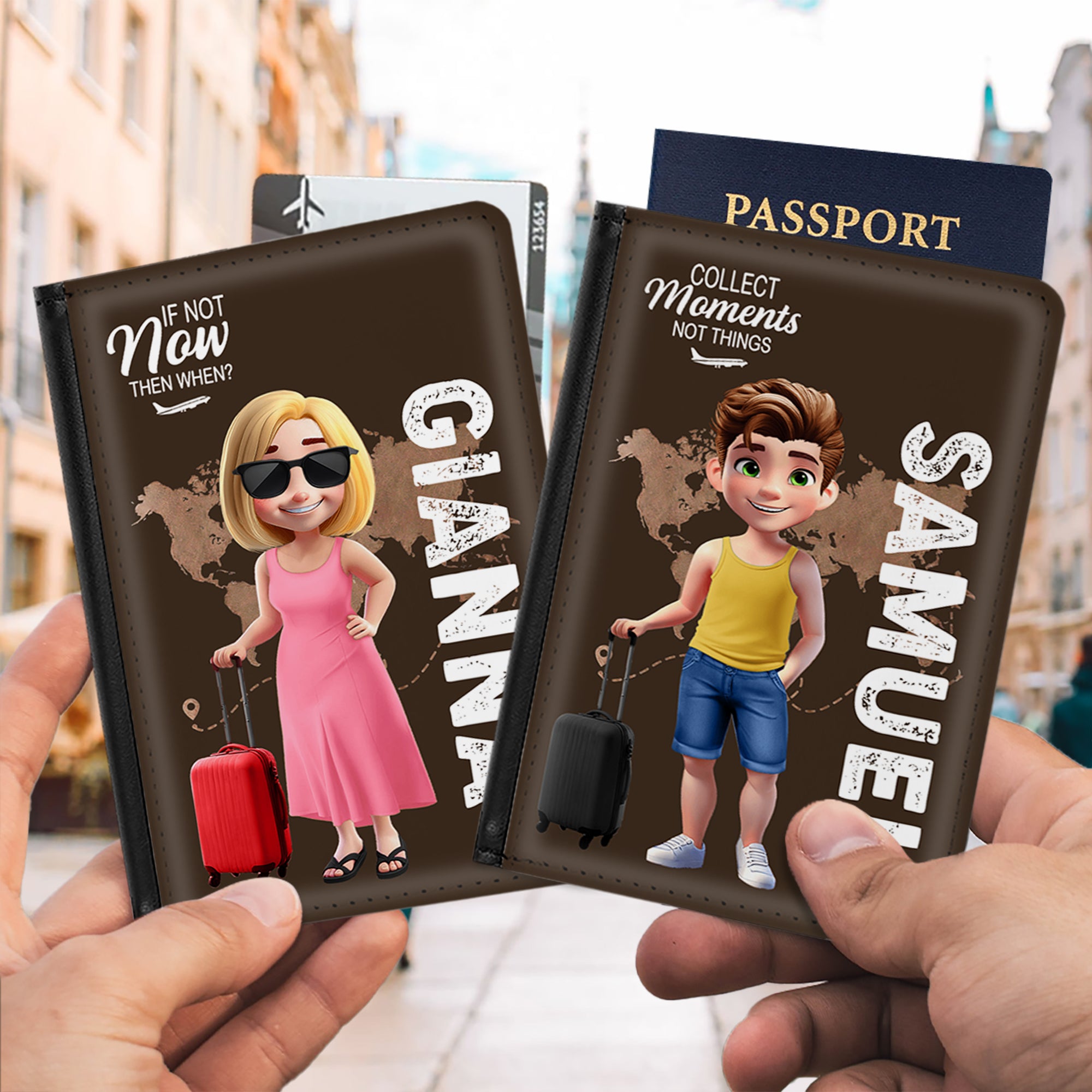 Personalizado 3D Cartoon Carácter Avión Mapa PU Porta Pasaporte de cuero con nombre de viaje esencial regalo de cumpleaños para él ella