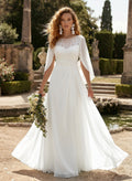 A-Line Illusion Neck 3/4 Sleeves Floor-Length Chiffon Bride Wedding Dress With Pockets/Flower(s)