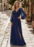 A-Line V-Neck Long Sleeves Floor-Length Chiffon Evening Dresses With Split Front