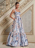 A-Line Square Neckline Sleeveless Floor-Length Satin Evening Dresses With Floral-Print