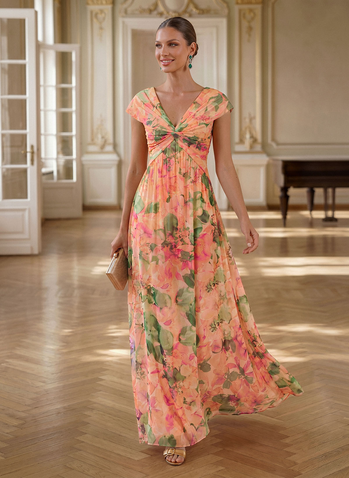 A-Line V-Neck Sleeveless Floor-Length Chiffon Mother Of The Bride Dresses With Floral-Print/Pleated