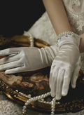 Fingertips Shortie Length Satin Bridal Gloves With Pearl