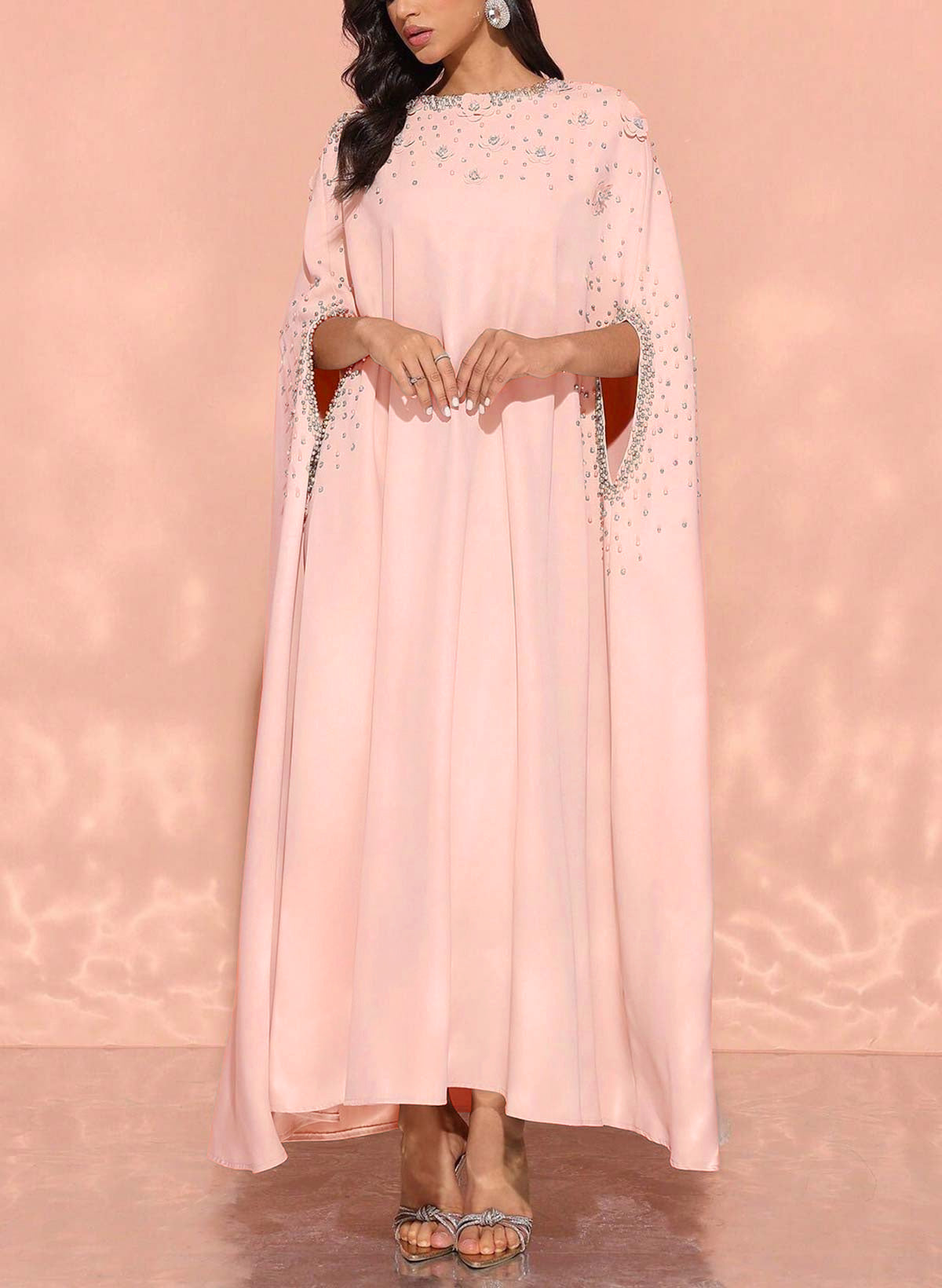 Scoop Neck Cape Sleeves Ankle-Length Elastic Satin Evening Dresses With Beading/Sequins/Appliques Lace