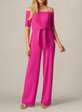 Off-The-Shoulder Jumpsuit/Pantsuit Short Sleeves Ankle-Length Elastic Satin Evening Dresses With Sash