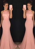 Trumpet/Mermaid Chiffon Halter Sleeveless Sweep Train Evening Dresses With Lace