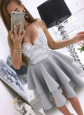 A-Line Short Lace/Crepe Satin Homecoming Dresses With Cascading Ruffles
