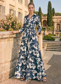 A-Line V-Neck 3/4 Sleeves Floor-Length Satin Cocktail Dresses With Bow(s)/Sash/Floral-Print