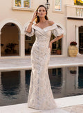 Sheath/Column Off-The-Shoulder Floor-Length Satin Mother Of The Bride Dresses With Floral-Print/Back Slit