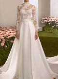 A-Line High Neck Long Sleeves Chapel Train Lace/Matte Satin Wedding Dresses With Lace/Overskirt Dress