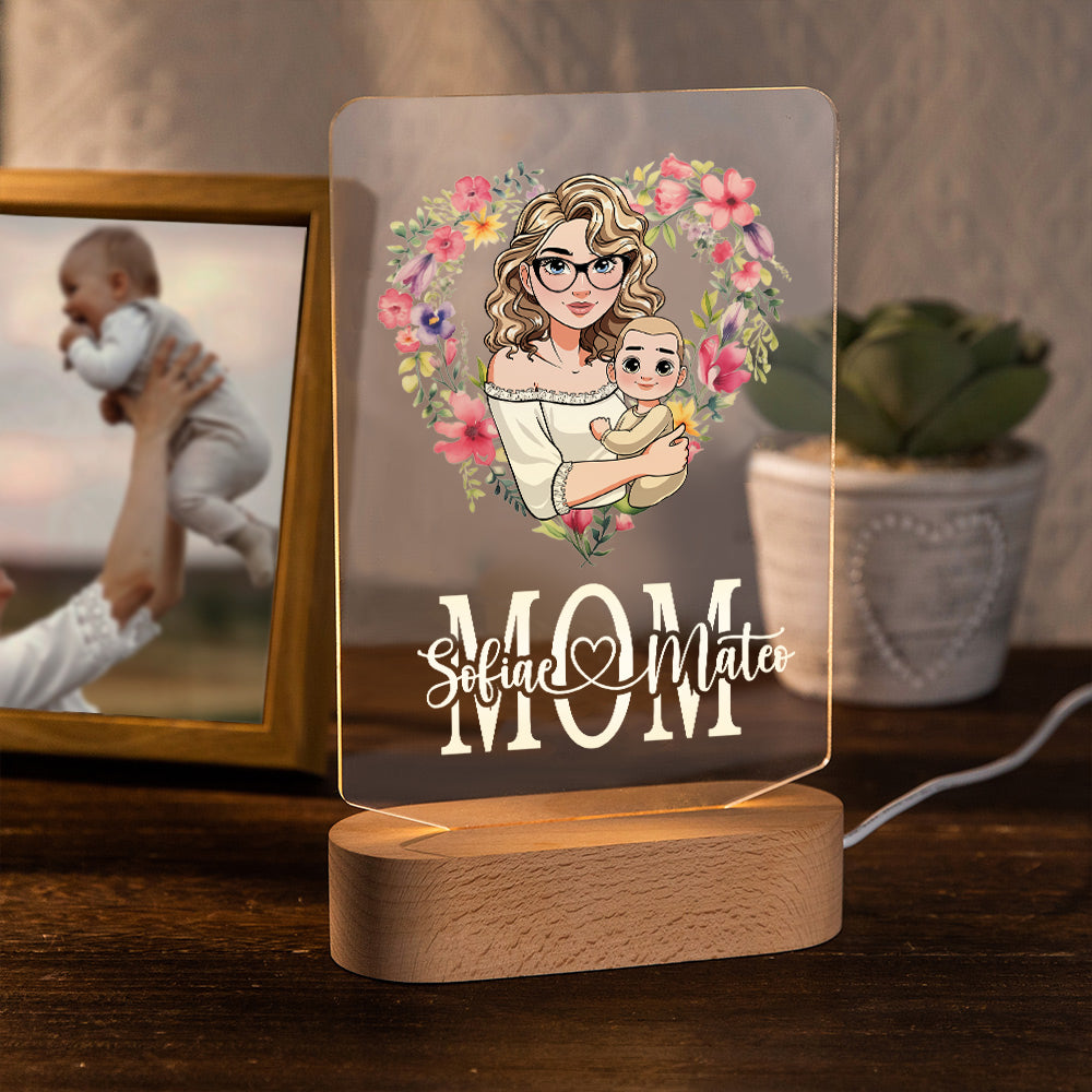 Guirnalda personalizada en forma de corazón de dibujos animados Mamá y 1-2 niños Luz nocturna LED con nombre y base de madera Decoración del escritorio de casa Regalo del Día de la Madre para Mamá Abu