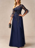 A-Line Asymmetrical 3/4 Sleeves Floor-Length Chiffon/Lace Evening Dresses With Appliques Lace