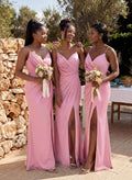 Sheath/Column V-Neck Sleeveless Jersey Bridesmaid Dresses With Split Front