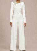Jumpsuit/Pantsuit Scoop Neck Long Sleeves Floor-Length Elastic Satin Wedding Dresses With Rhinestone