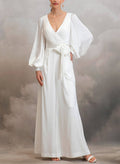Jumpsuit/Pantsuit V-Neck Long Sleeves Ankle-Length Stretch Satin Wedding Dresses