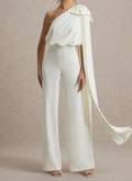 Jumpsuit/Pantsuit One-Shoulder Sleeveless Floor-Length Elastic Satin Wedding Dresses With Bow(s)/Sweeping Side Drape