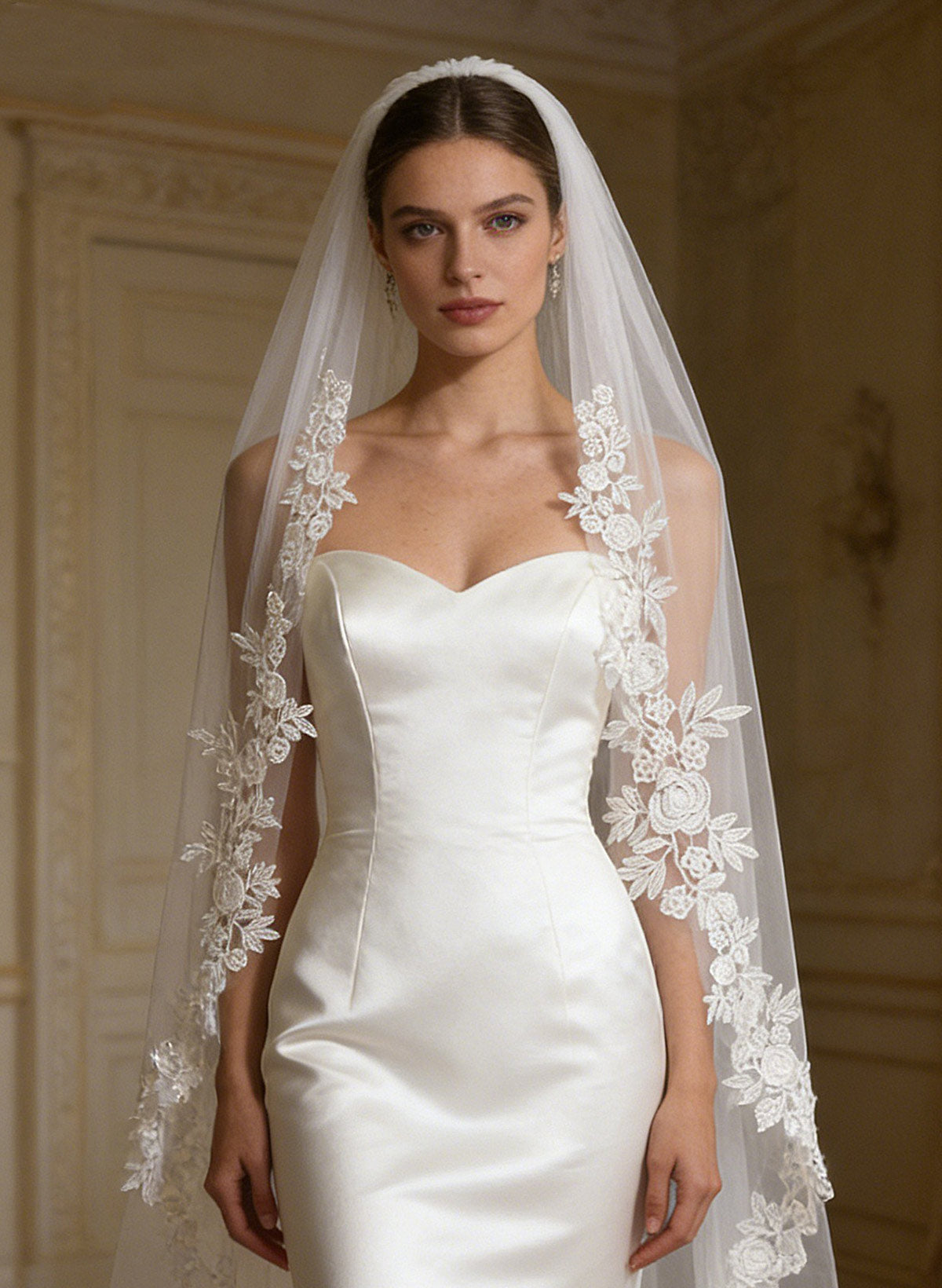 Lace Applique Edge One-Tier Tulle Elbow Bridal Veils