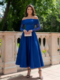 A-Line Off-The-Shoulder Long Sleeves Tea-Length Chiffon/Twill Satin Cocktail Dresses