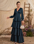 A-Line V-Neck Long Sleeves Floor-Length Crepe Satin Mother Of The Bride Dresses With Tiered
