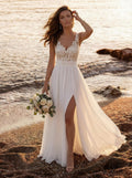 Whimsical A-Line V-Neck Floral Applique Chiffon Wedding Dresses With High Split