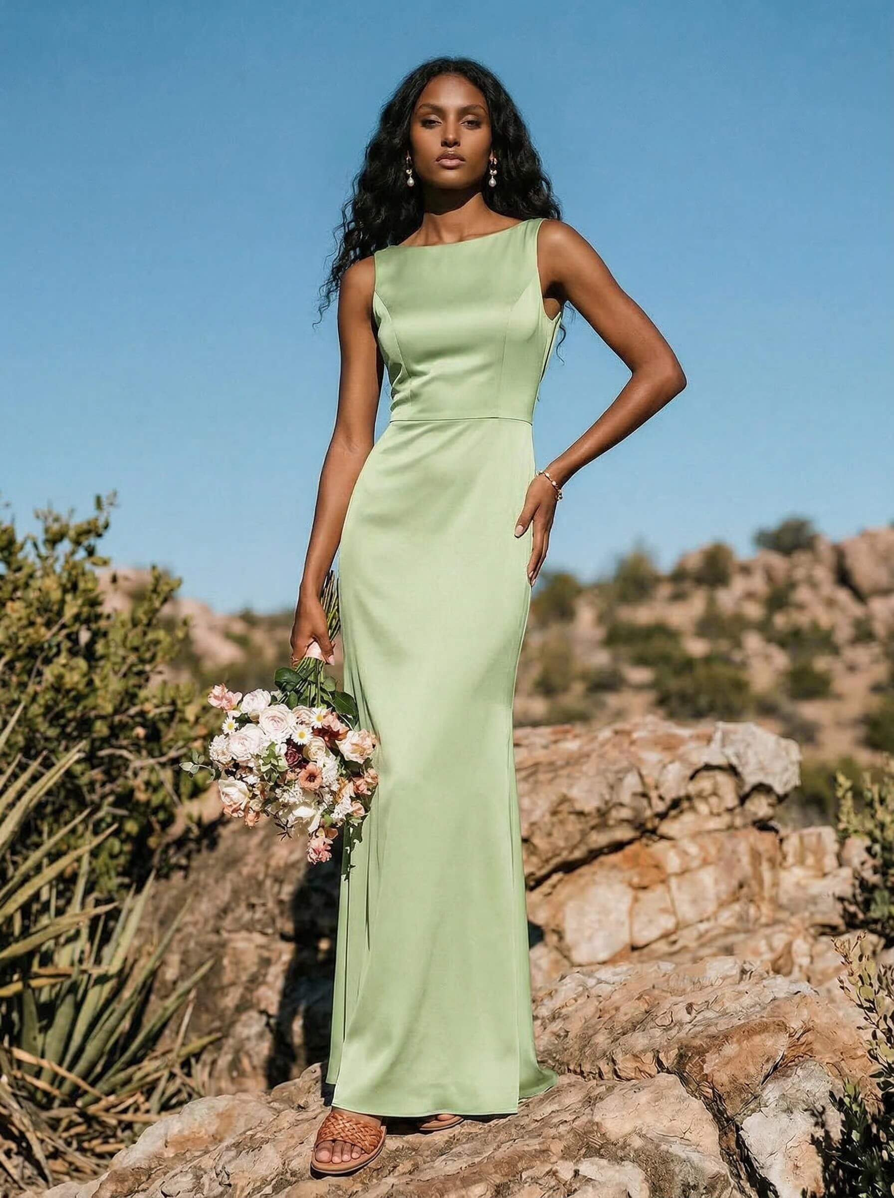 Sheath/Column Scoop Neck Sleeveless Floor-Length Silk Like Satin Bridesmaid Dresses