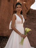 A-Line V-Neck Sleeveless Sweep Train Satin Wedding Dresses With Bow(s)