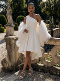 A-Line One-Shoulder Sleeveless Short/Mini Satin Wedding Dresses
