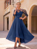 A-Line Cowl Neck/Illusion Neck 3/4 Sleeves Asymmetrical Chiffon Mother Of The Bride Dresses With Bow(s)/Lace