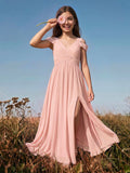 A-Line V-Neck Sleeveless Floor-Length Chiffon Junior Bridesmaid Dresses With High Split
