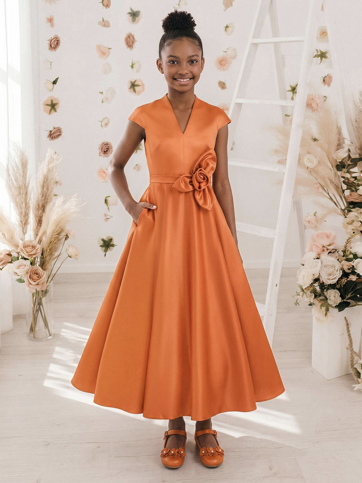 A-Line V-Neck Short Sleeves Ankle-Length Satin Junior Bridesmaid Dresses With Flower(s)