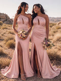 Trumpet/Mermaid One-Shoulder Sleeveless Sweep Train Stretch Satin Bridesmaid Dresses With High Split