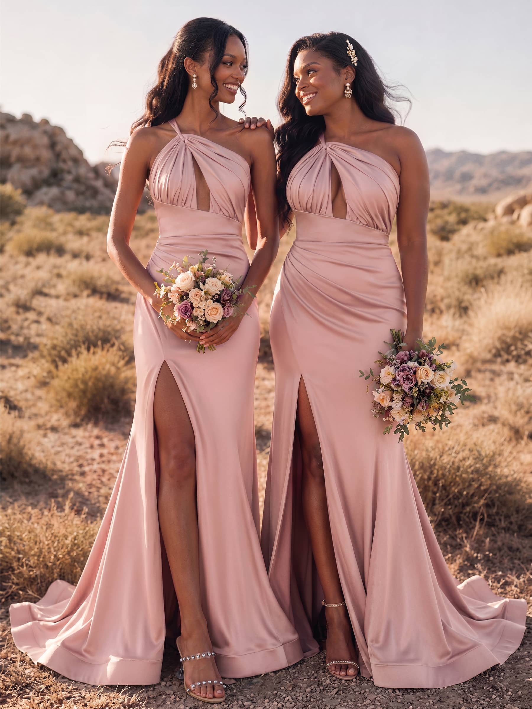Trumpet/Mermaid One-Shoulder Sleeveless Sweep Train Stretch Satin Bridesmaid Dresses With High Split