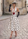 A-Line Halter/Plunge Neck Sleeveless Tea-Length Twill Satin Cocktail Dresses With Flower(s)
