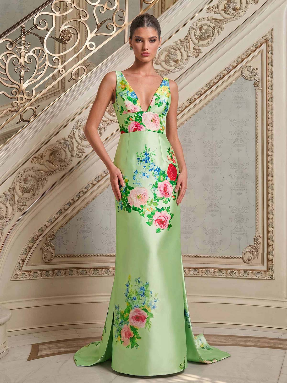 Sheath/Column Plunge Neck Sweep Train Satin Evening Dresses With Bow(s)/Back Slit/Floral-Print