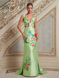 Sheath/Column Plunge Neck Sweep Train Satin Mother Of The Bride Dresses With Floral-Print/Bow(s)/Back Slit