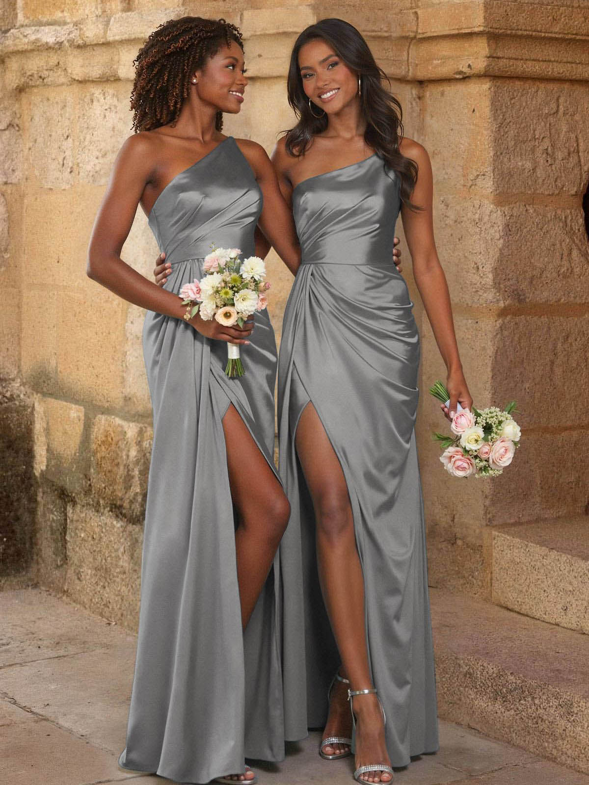 Elegant Ruched One-Shoulder Silk Like Satin Bridesmaid Dresses With High Split