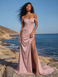Sheath/Column Off-The-Shoulder Sleeveless Sweep Train Stretch Satin Special Bridesmaid Dresses With High Split
